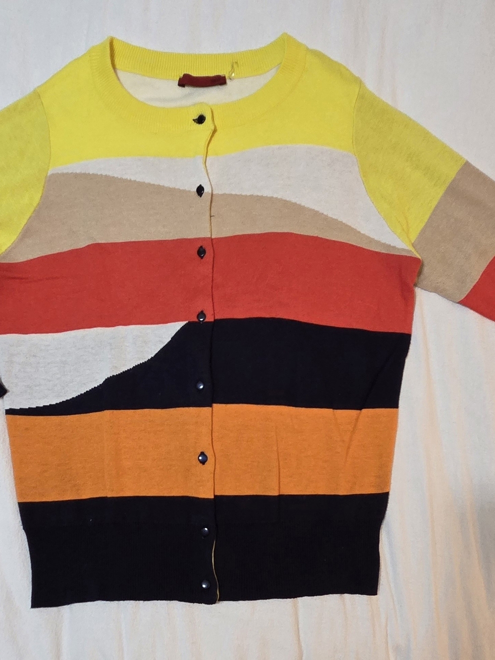 Red Women’s Striped Button-Front Sweater in Yellow, Red, Orange, Black, Beige